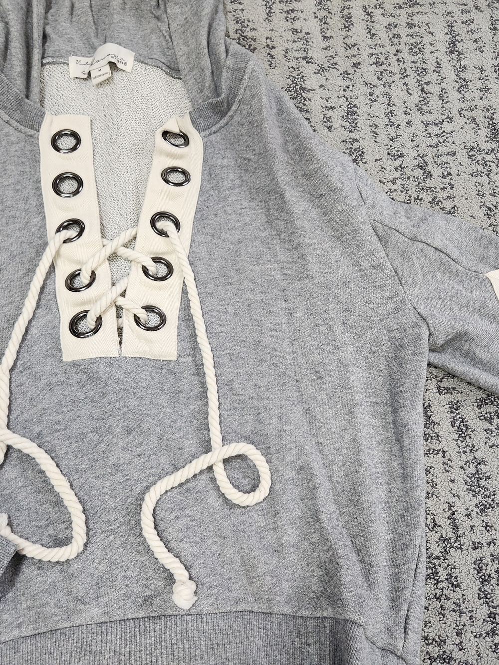 Vintage Havana Gray Lace-Up Hoodie with Cream Eyelet Panel